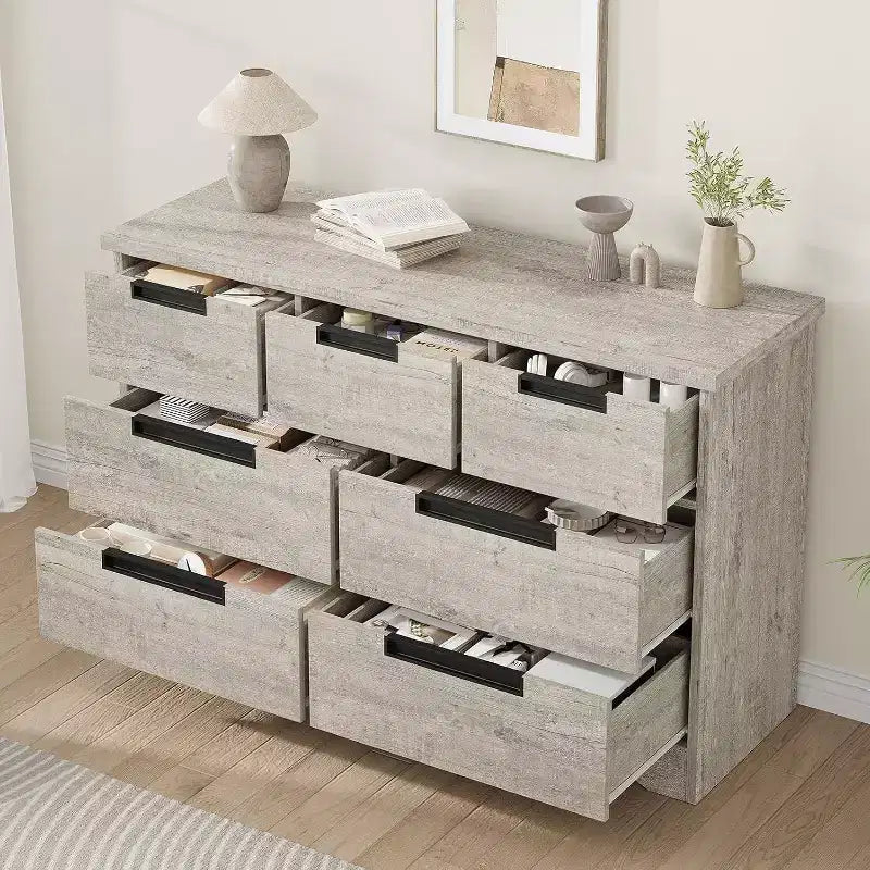 Commode de chambre à 7 tiroirs Acekool, commode de rangement large gris moderne, poignées encastrées, organisateur en bois pour salon, chambre d'enfant, couloir