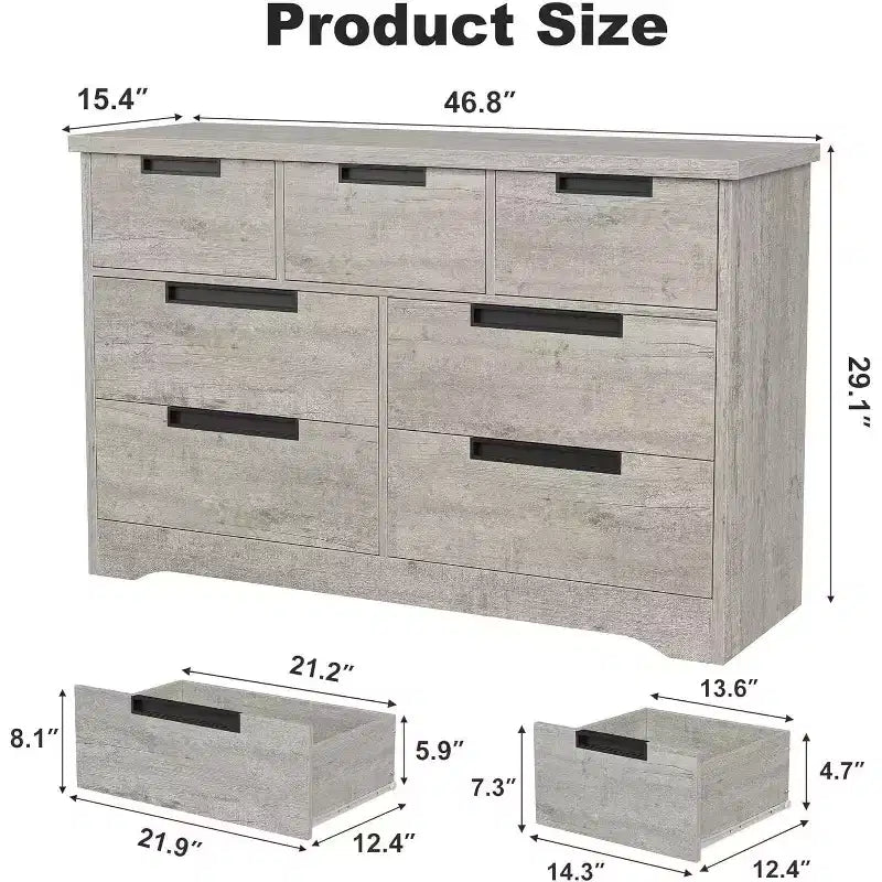 Commode de chambre à 7 tiroirs Acekool, commode de rangement large gris moderne, poignées encastrées, organisateur en bois pour salon, chambre d'enfant, couloir
