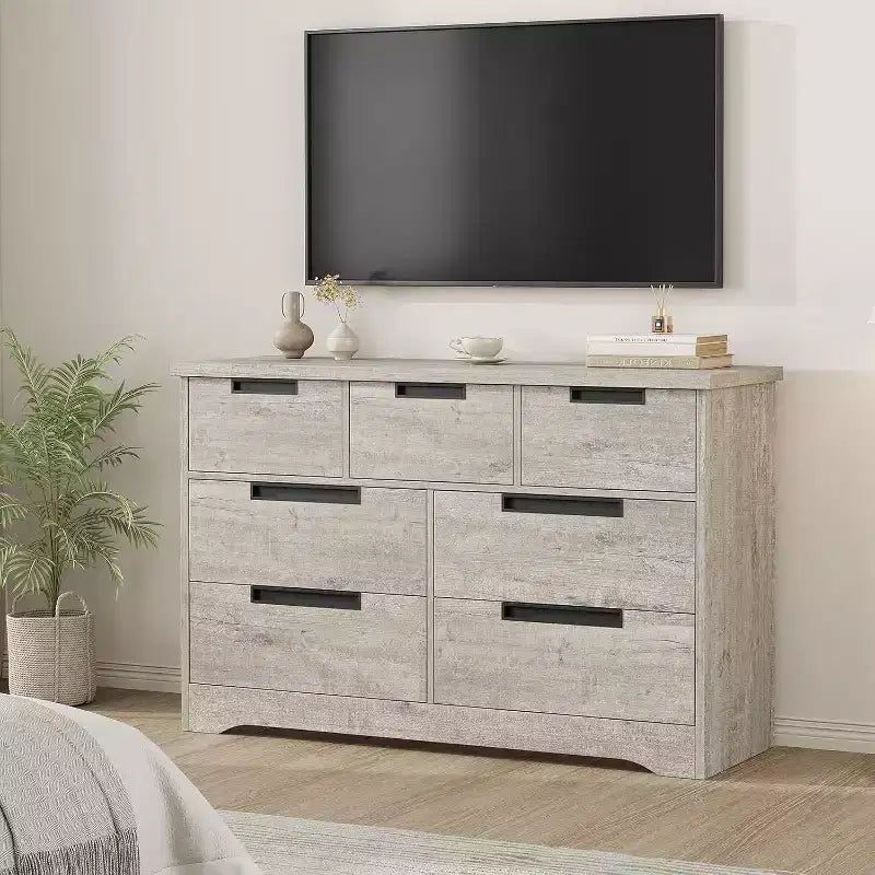 Commode de chambre à 7 tiroirs Acekool, commode de rangement large gris moderne, poignées encastrées, organisateur en bois pour salon, chambre d'enfant, couloir