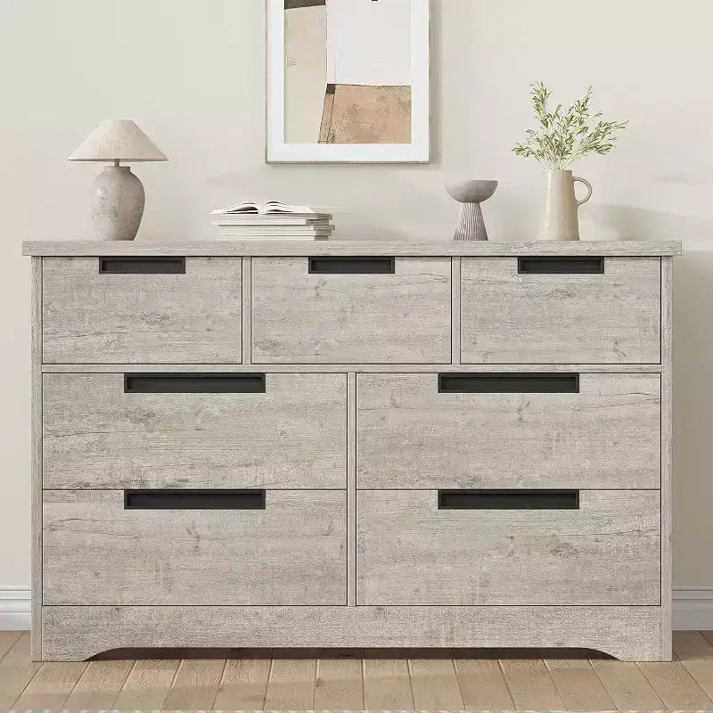 Commode de chambre à 7 tiroirs Acekool, commode de rangement large gris moderne, poignées encastrées, organisateur en bois pour salon, chambre d'enfant, couloir