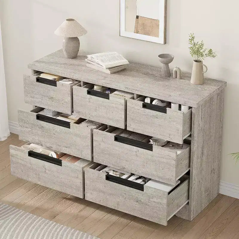 Commode de chambre à 7 tiroirs Acekool, commode de rangement large gris moderne, poignées encastrées, organisateur en bois pour salon, chambre d'enfant, couloir
