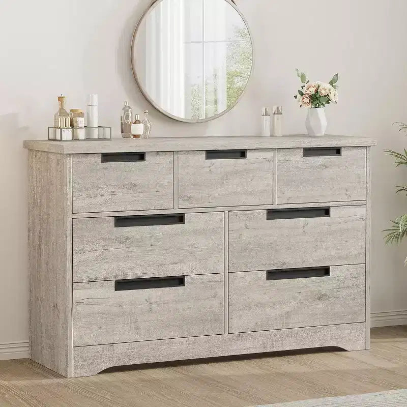 Commode de chambre à 7 tiroirs Acekool, commode de rangement large gris moderne, poignées encastrées, organisateur en bois pour salon, chambre d'enfant, couloir