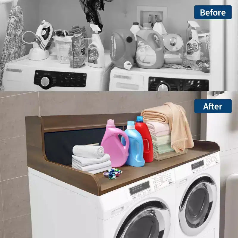 Comptoir laveuse-sécheuse à 2 niveaux avec 2 tiroirs, rangement spacieux pour buanderie avec rebords de 2,75 po de haut et antidérapants, pour plier le linge