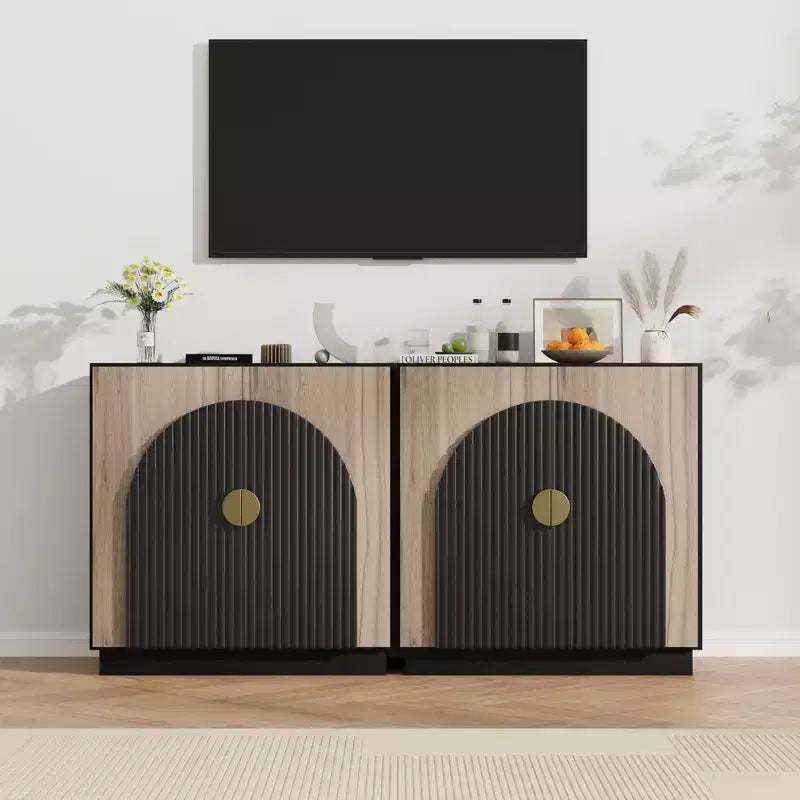 Buffet moderne du milieu du siècle avec motif cannelé et portes arquées, buffet de rangement pour salle à manger, salon, cuisine, étagères réglables