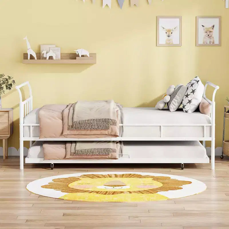 Lit de repos Bellemave double avec lit gigogne double, lit de repos robuste avec poignée incurvée et lattes, lit de repos en métal pour enfants, filles, garçons, blanc