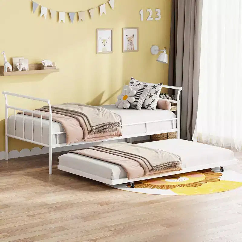 Lit de repos Bellemave double avec lit gigogne double, lit de repos robuste avec poignée incurvée et lattes, lit de repos en métal pour enfants, filles, garçons, blanc