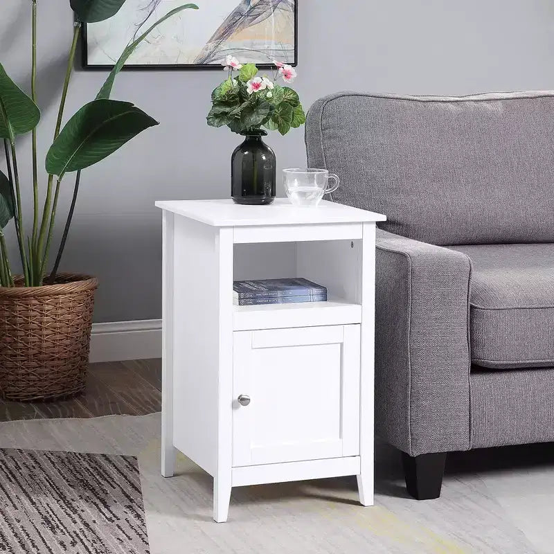 Table d'appoint avec rangement HomeStock Belmont avec étagère et porte shaker, petite table d'appoint compacte avec armoire cachée et espace de rangement ouvert