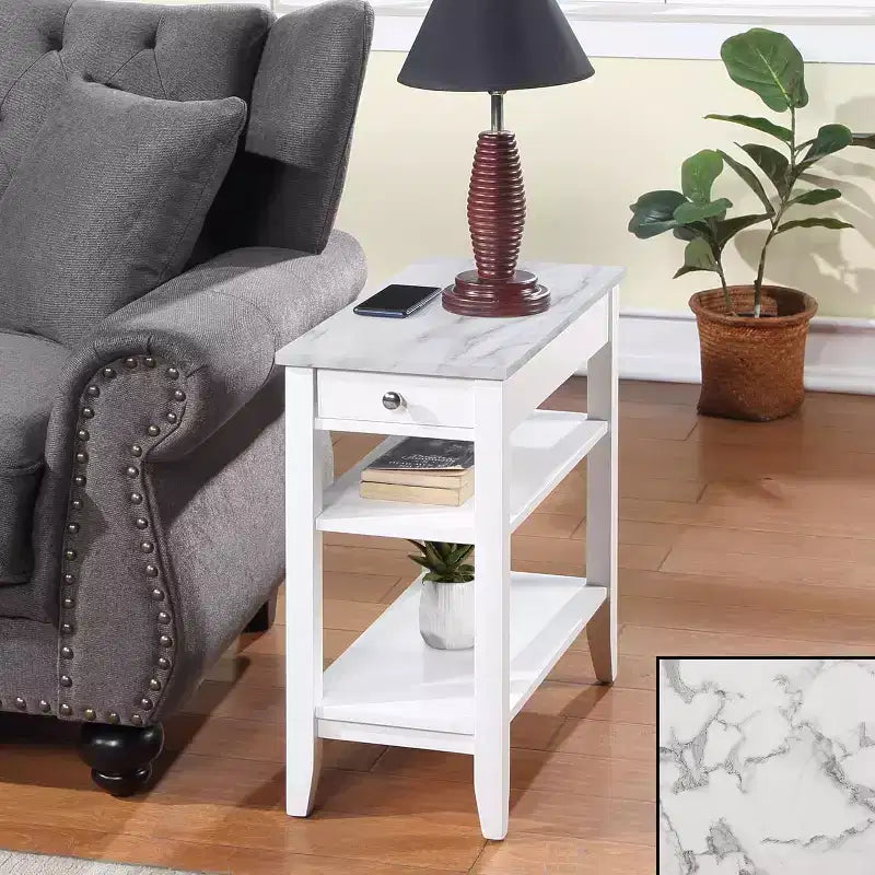 Table d'appoint avec tiroir et étagères ouvertes HomeStock Belmont, Table d'appoint d'appoint de style transitionnel élégant pour le rangement et l'affichage à la maison