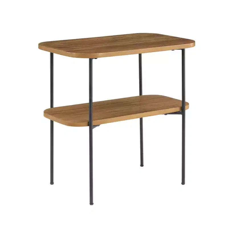 Table d'appoint HomeStock Belmont avec étagère Meuble d'appoint rétro-chic Piétement métallique en épingle à cheveux Étagères à deux niveaux en MDF Fini placage de bouleau