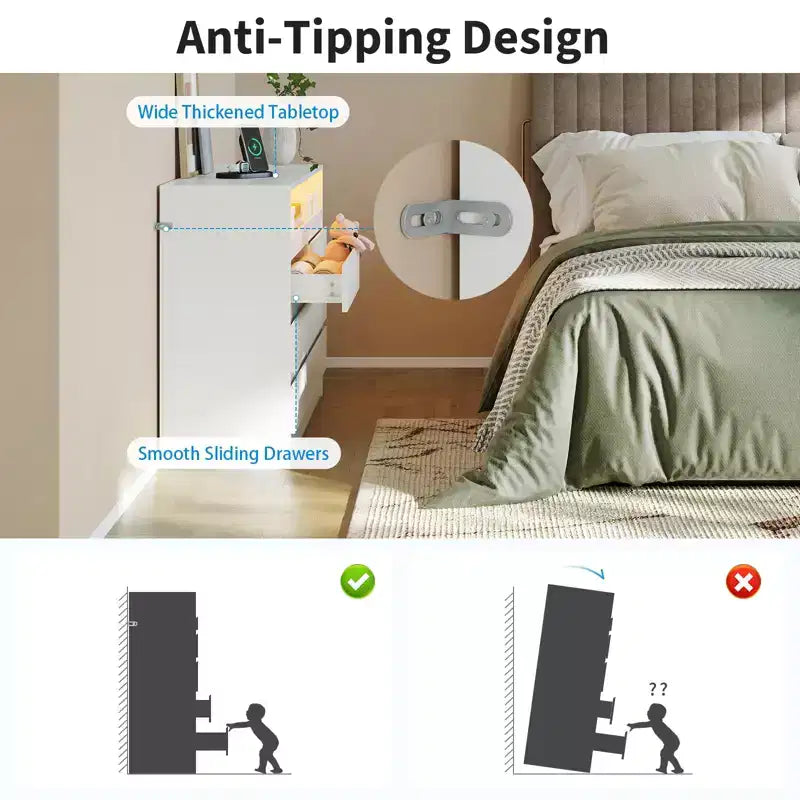Commode moderne à 6 tiroirs COZONY avec éclairage d'ambiance, commode de rangement avec accès à l'alimentation électrique, commode de chambre à design flottant