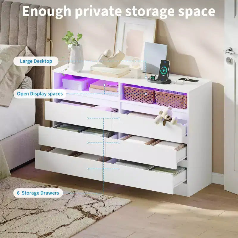 Commode moderne à 6 tiroirs COZONY avec éclairage d'ambiance, commode de rangement avec accès à l'alimentation électrique, commode de chambre à design flottant