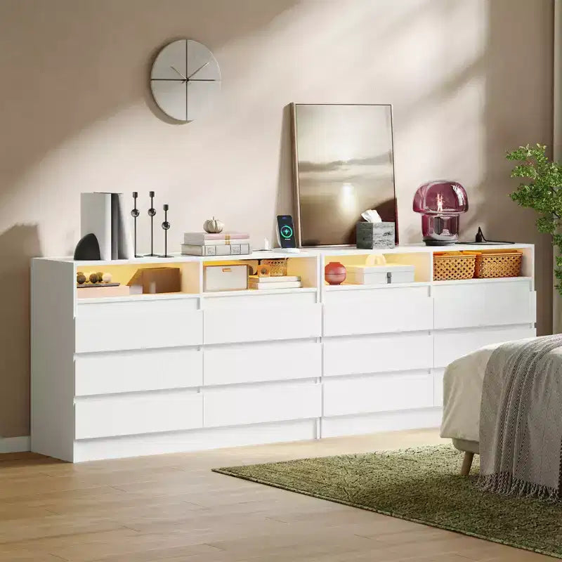Commode moderne à 6 tiroirs COZONY avec éclairage d'ambiance, commode de rangement avec accès à l'alimentation électrique, commode de chambre à design flottant