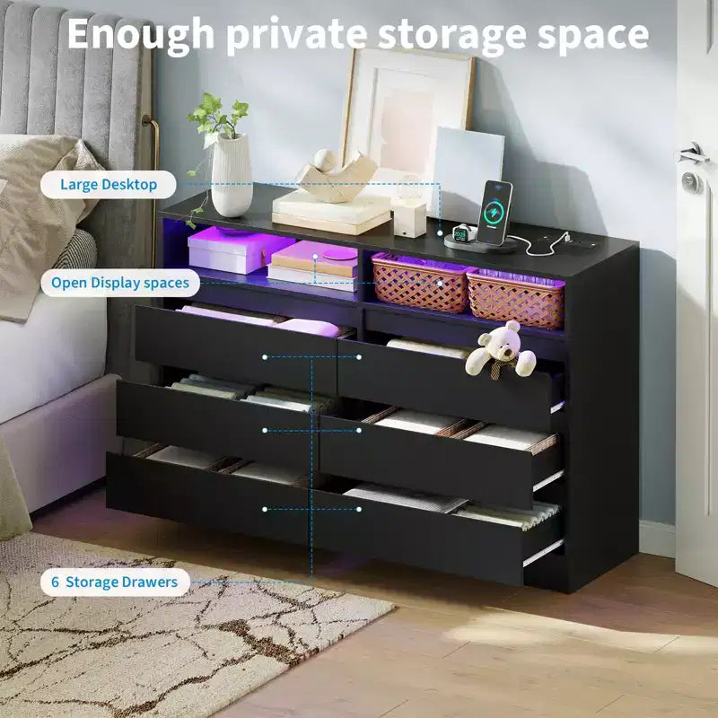 Commode moderne à 6 tiroirs COZONY avec éclairage d'ambiance, commode de rangement avec accès à l'alimentation électrique, commode de chambre à design flottant