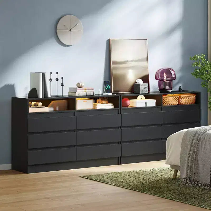 Commode moderne à 6 tiroirs COZONY avec éclairage d'ambiance, commode de rangement avec accès à l'alimentation électrique, commode de chambre à design flottant