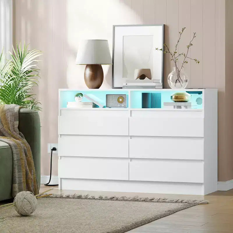 Commode moderne à 6 tiroirs COZONY avec éclairage d'ambiance, commode de rangement avec accès à l'alimentation électrique, commode de chambre à design flottant