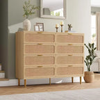 Commode en rotin à 8 tiroirs pour chambre à coucher, commode en bois de 120 cm avec poignées métalliques, meuble TV en bois, organisateur de rangement de vêtements pour chambre à coucher
