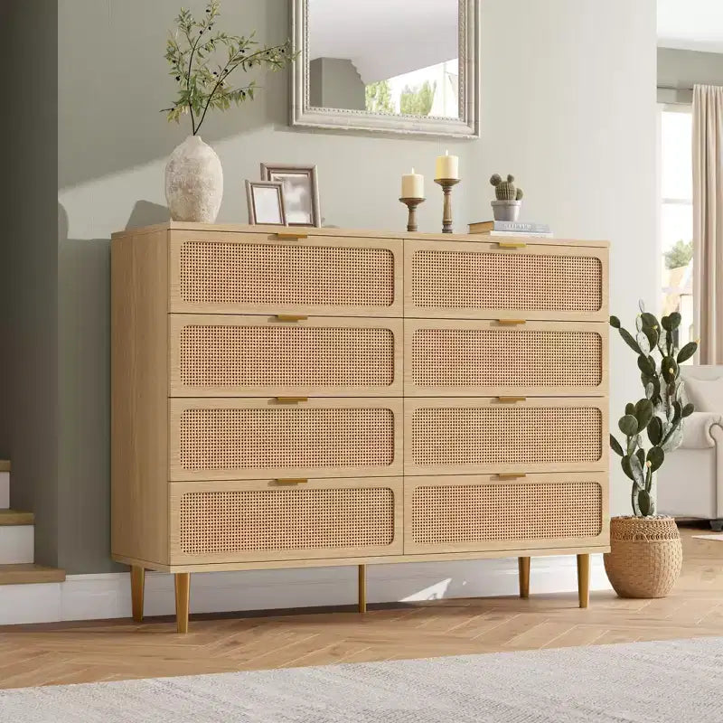 Commode en rotin à 8 tiroirs pour chambre à coucher, commode en bois de 120 cm avec poignées métalliques, meuble TV en bois, organisateur de rangement de vêtements pour chambre à coucher