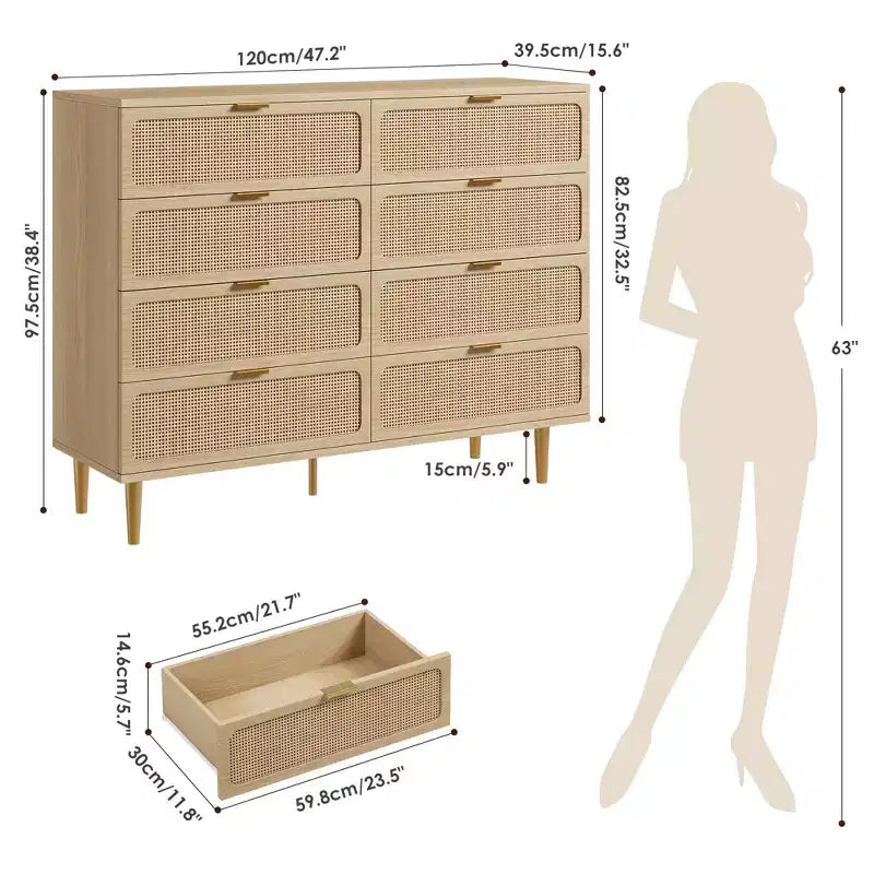 Commode en rotin à 8 tiroirs pour chambre à coucher, commode en bois de 120 cm avec poignées métalliques, meuble TV en bois, organisateur de rangement de vêtements pour chambre à coucher