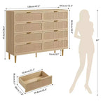 Commode en rotin à 8 tiroirs pour chambre à coucher, commode en bois de 120 cm avec poignées métalliques, meuble TV en bois, organisateur de rangement de vêtements pour chambre à coucher