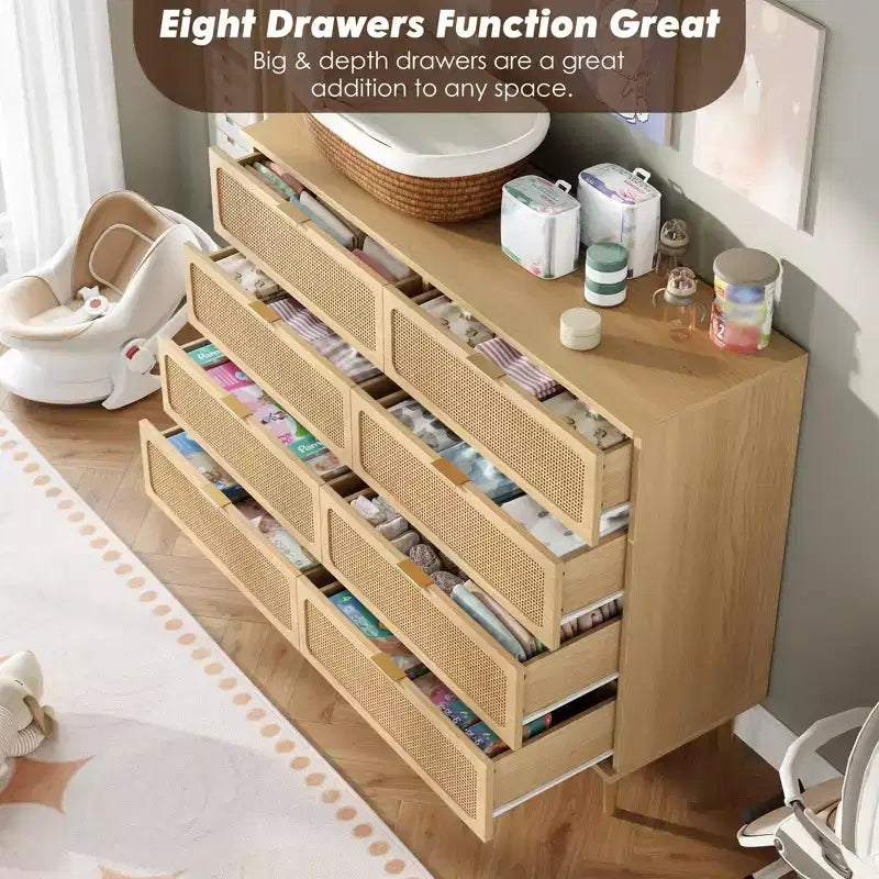 Commode en rotin à 8 tiroirs pour chambre à coucher, commode en bois de 120 cm avec poignées métalliques, meuble TV en bois, organisateur de rangement de vêtements pour chambre à coucher