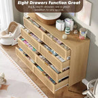 Commode en rotin à 8 tiroirs pour chambre à coucher, commode en bois de 120 cm avec poignées métalliques, meuble TV en bois, organisateur de rangement de vêtements pour chambre à coucher