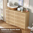 Commode en rotin à 8 tiroirs pour chambre à coucher, commode en bois de 120 cm avec poignées métalliques, meuble TV en bois, organisateur de rangement de vêtements pour chambre à coucher