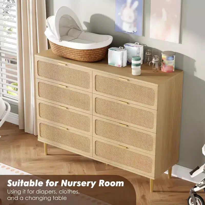 Commode en rotin à 8 tiroirs pour chambre à coucher, commode en bois de 120 cm avec poignées métalliques, meuble TV en bois, organisateur de rangement de vêtements pour chambre à coucher