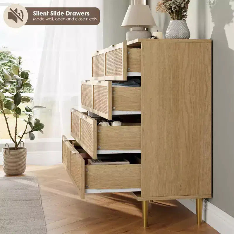Commode en rotin à 8 tiroirs pour chambre à coucher, commode en bois de 120 cm avec poignées métalliques, meuble TV en bois, organisateur de rangement de vêtements pour chambre à coucher