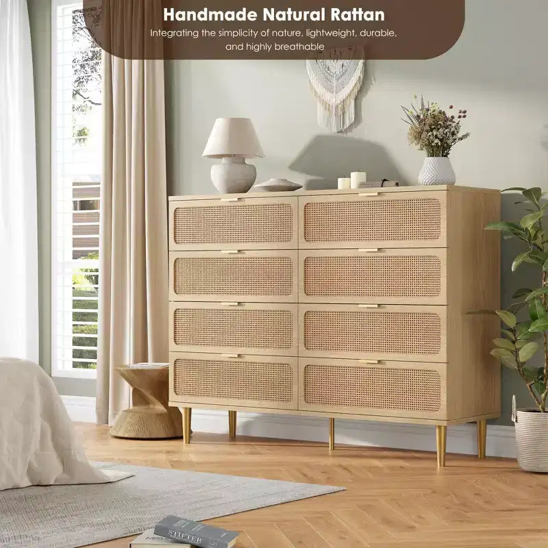 Commode en rotin à 8 tiroirs pour chambre à coucher, commode en bois de 120 cm avec poignées métalliques, meuble TV en bois, organisateur de rangement de vêtements pour chambre à coucher