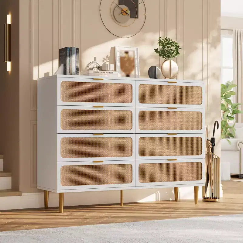 Commode en rotin à 8 tiroirs pour chambre à coucher, commode en bois de 120 cm avec poignées métalliques, meuble TV en bois, organisateur de rangement de vêtements pour chambre à coucher
