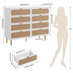 Commode en rotin à 8 tiroirs pour chambre à coucher, commode en bois de 120 cm avec poignées métalliques, meuble TV en bois, organisateur de rangement de vêtements pour chambre à coucher