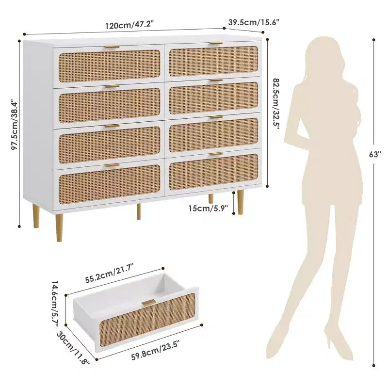 Commode en rotin à 8 tiroirs pour chambre à coucher, commode en bois de 120 cm avec poignées métalliques, meuble TV en bois, organisateur de rangement de vêtements pour chambre à coucher
