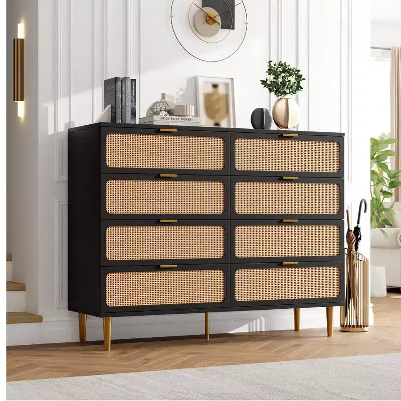 Commode en rotin à 8 tiroirs pour chambre à coucher, commode en bois de 120 cm avec poignées métalliques, meuble TV en bois, organisateur de rangement de vêtements pour chambre à coucher