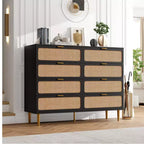 Commode en rotin à 8 tiroirs pour chambre à coucher, commode en bois de 120 cm avec poignées métalliques, meuble TV en bois, organisateur de rangement de vêtements pour chambre à coucher