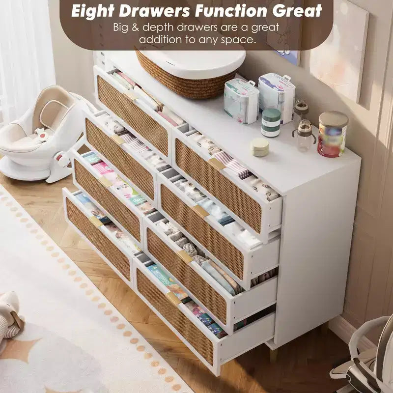 Commode en rotin à 8 tiroirs pour chambre à coucher, commode en bois de 120 cm avec poignées métalliques, meuble TV en bois, organisateur de rangement de vêtements pour chambre à coucher