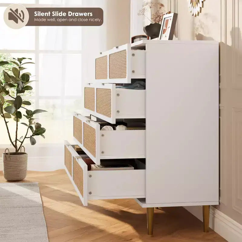 Commode en rotin à 8 tiroirs pour chambre à coucher, commode en bois de 120 cm avec poignées métalliques, meuble TV en bois, organisateur de rangement de vêtements pour chambre à coucher