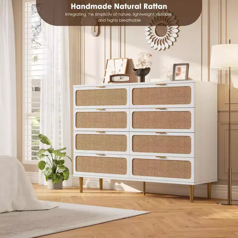 Commode en rotin à 8 tiroirs pour chambre à coucher, commode en bois de 120 cm avec poignées métalliques, meuble TV en bois, organisateur de rangement de vêtements pour chambre à coucher