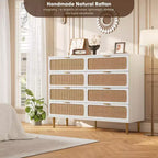 Commode en rotin à 8 tiroirs pour chambre à coucher, commode en bois de 120 cm avec poignées métalliques, meuble TV en bois, organisateur de rangement de vêtements pour chambre à coucher