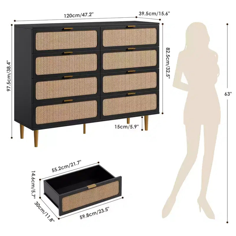 Commode en rotin à 8 tiroirs pour chambre à coucher, commode en bois de 120 cm avec poignées métalliques, meuble TV en bois, organisateur de rangement de vêtements pour chambre à coucher
