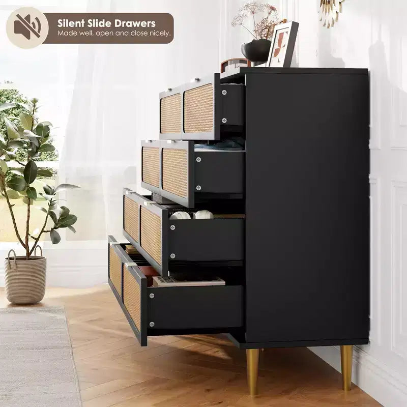 Commode en rotin à 8 tiroirs pour chambre à coucher, commode en bois de 120 cm avec poignées métalliques, meuble TV en bois, organisateur de rangement de vêtements pour chambre à coucher