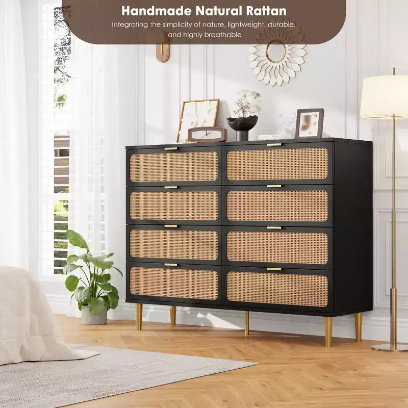 Commode en rotin à 8 tiroirs pour chambre à coucher, commode en bois de 120 cm avec poignées métalliques, meuble TV en bois, organisateur de rangement de vêtements pour chambre à coucher