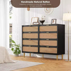 Commode en rotin à 8 tiroirs pour chambre à coucher, commode en bois de 120 cm avec poignées métalliques, meuble TV en bois, organisateur de rangement de vêtements pour chambre à coucher