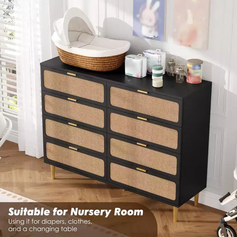 Commode en rotin à 8 tiroirs pour chambre à coucher, commode en bois de 120 cm avec poignées métalliques, meuble TV en bois, organisateur de rangement de vêtements pour chambre à coucher