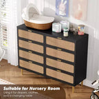 Commode en rotin à 8 tiroirs pour chambre à coucher, commode en bois de 120 cm avec poignées métalliques, meuble TV en bois, organisateur de rangement de vêtements pour chambre à coucher