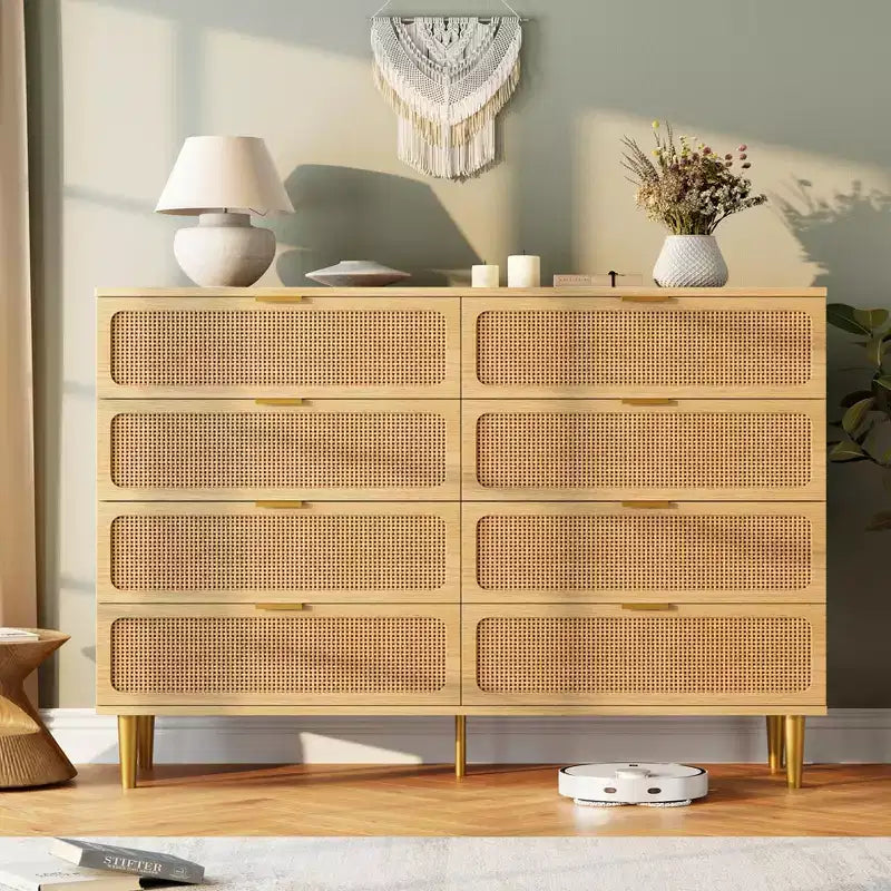 Commode en rotin à 8 tiroirs pour chambre à coucher, commode en bois de 120 cm avec poignées métalliques, meuble TV en bois, organisateur de rangement de vêtements pour chambre à coucher