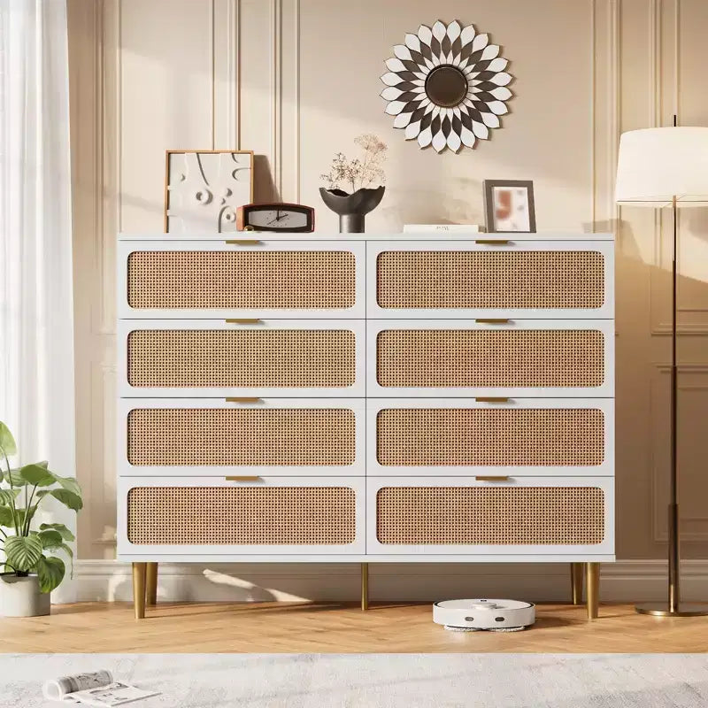 Commode en rotin à 8 tiroirs pour chambre à coucher, commode en bois de 120 cm avec poignées métalliques, meuble TV en bois, organisateur de rangement de vêtements pour chambre à coucher