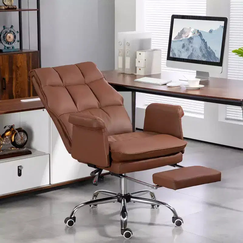 Fauteuil de bureau de direction Okak, chaise de bureau ergonomique avec repose-pieds pliable, chaise pivotante rembourrée pour bureau, étude, marron