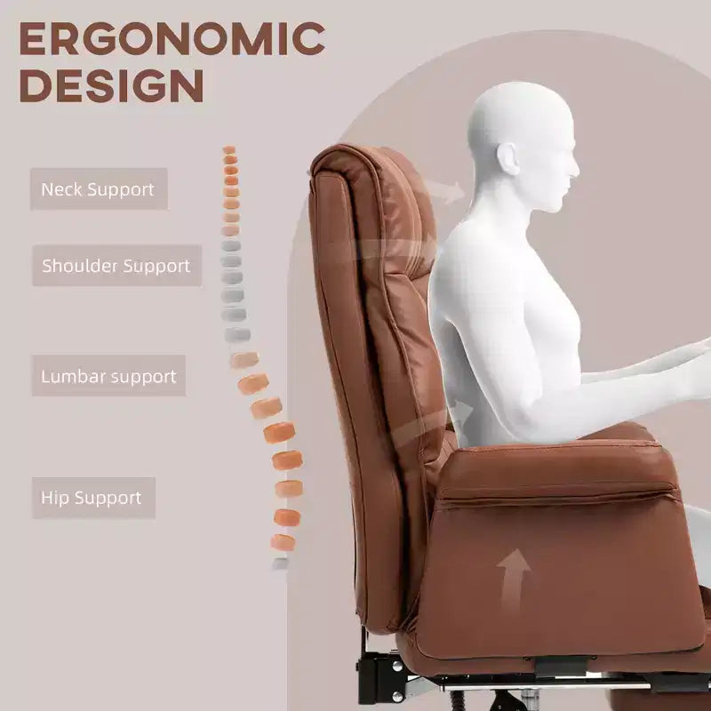 Fauteuil de bureau de direction Okak, chaise de bureau ergonomique avec repose-pieds pliable, chaise pivotante rembourrée pour bureau, étude, marron