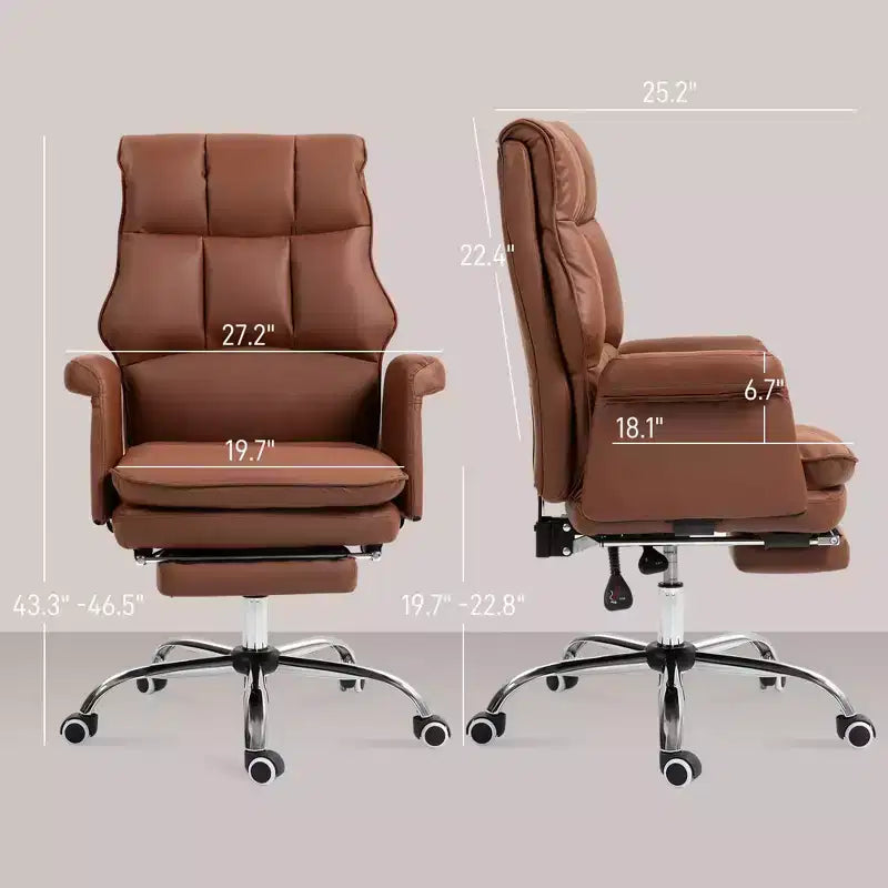Fauteuil de bureau de direction Okak, chaise de bureau ergonomique avec repose-pieds pliable, chaise pivotante rembourrée pour bureau, étude, marron