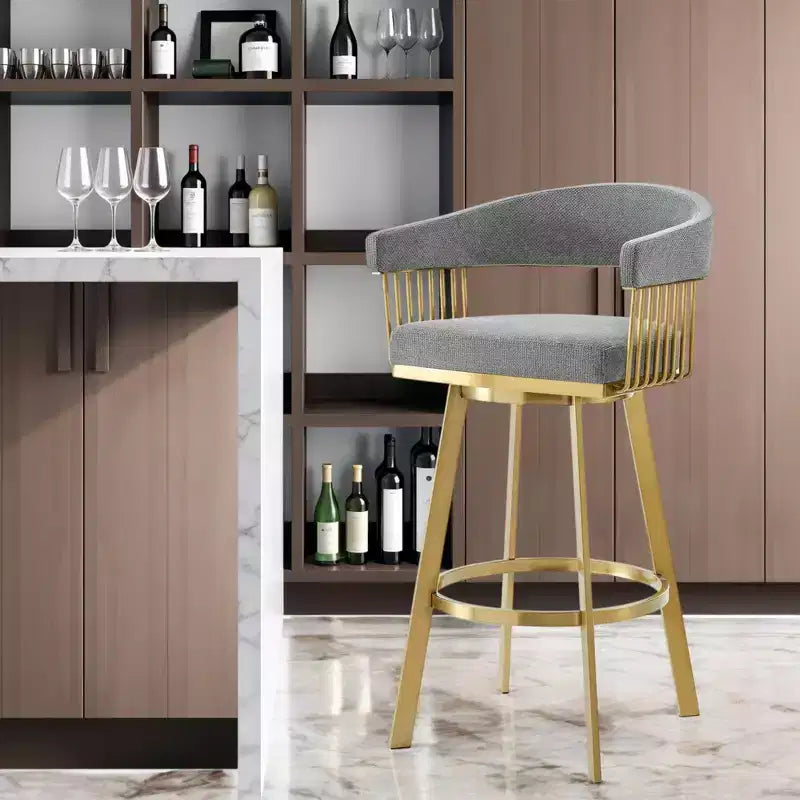 Chaise de bar pivotante HomeRoots de 30 po de hauteur, dossier bas, en tissu gris et or et acier inoxydable